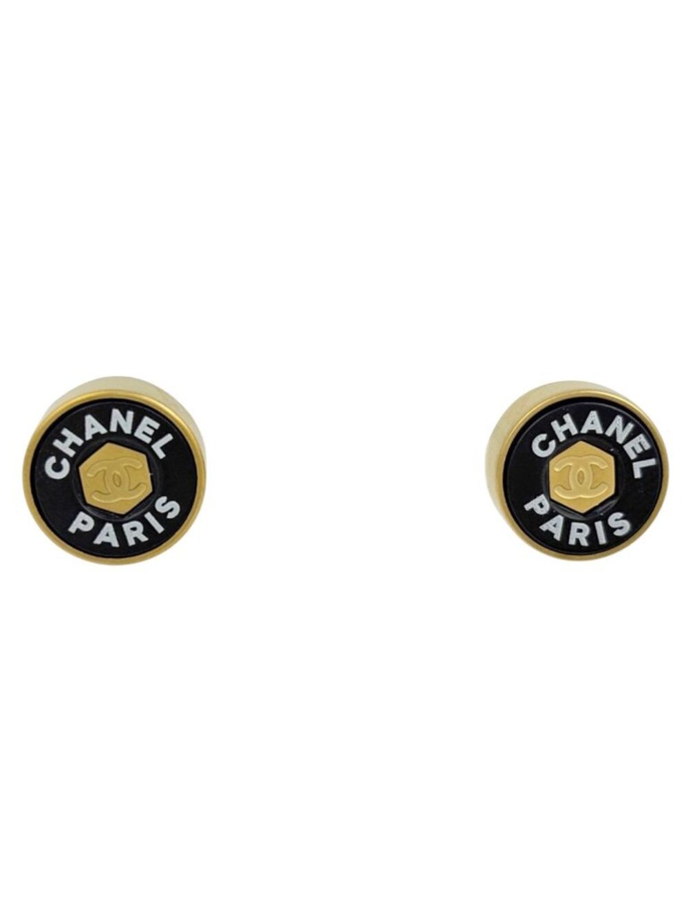 Chanel Earrings CC Logo Round Gold Plated Black
